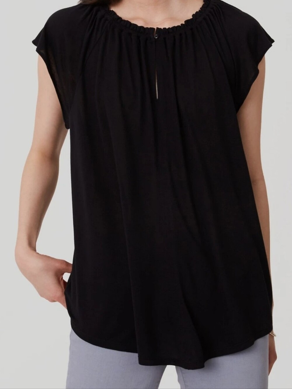 LOFT Black Short Sleeve Ruffle-Neck Tunic Top